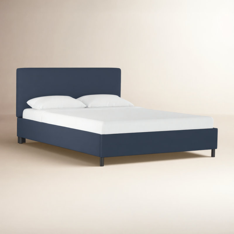 Lit plateforme tapissier Eisley, Grand, Lin bleu marine classique