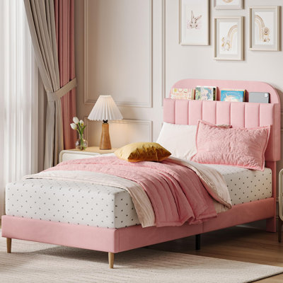 Cadre de lit simple avec tête de lit avec rangement, base de lit tapissier en velours pour enfants, lit pour fille, lattes de bois robustes, silencieux, assemblage facile, aucun sommier tapissier requis, rose