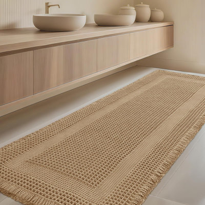 Extra Large Waffle Bath Mat, Boho Woven Modern Bath Rug Absorbent Non Slip, Soft Bathroom Mats, Machine Washable Knit Bath Rugs with Tassels for Bathroom, Bedroom, Kitchen, Shower, Tub, Beige, 5'x2'