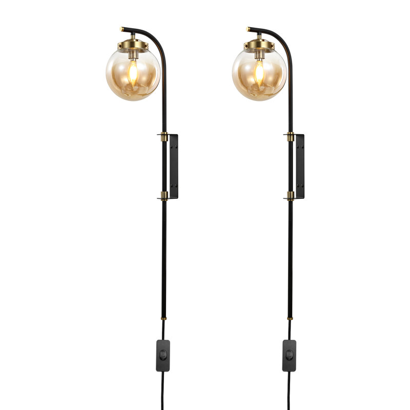 Ensemble de 2 ampoules murales à bras articulé noir avec abat-jour sphérique et cordon de 72 po pour le salon