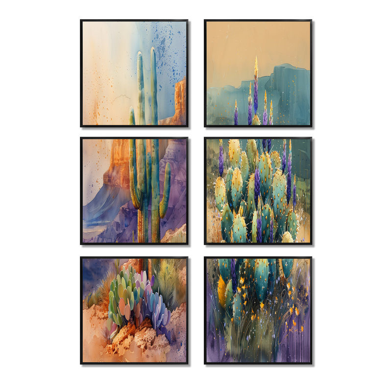 Cactus vert mauve désert - ensemble de 6 reproductions d'art floral cactus, Impression encadrée sans passe-partout, Noir