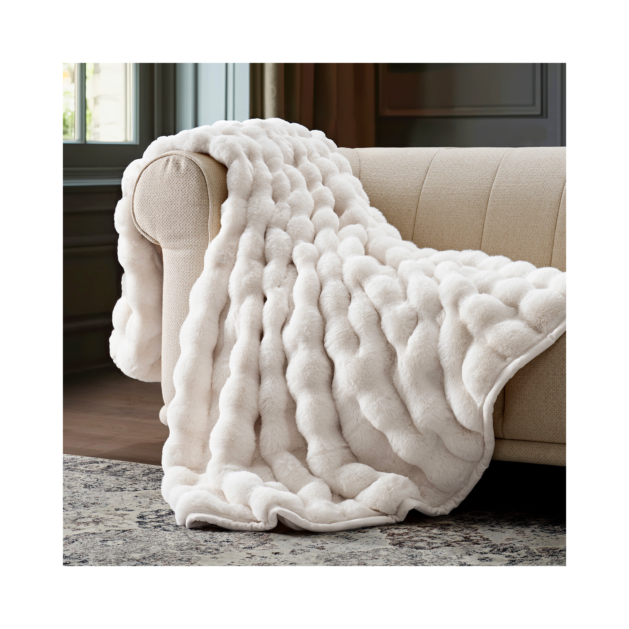 Ridgeline Faux Fur Throw Blanket, 60" L x 50" W, Ivory White