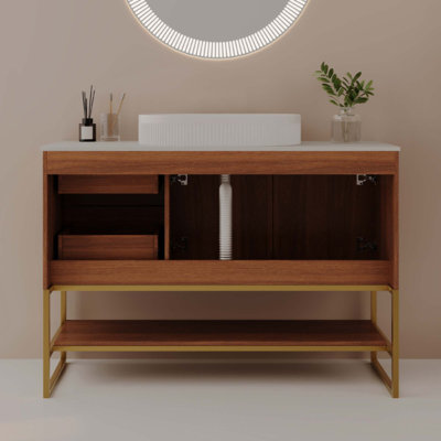 Meuble-lavabo moderne avec lavabo vasque en céramique, armoire autoportante dorée