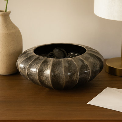 Decorative Round Ribbed Pottery Bowl with Glazed Finsih for Home Decor - Modern Accent Bowl for Shelf, Coffee Table, or Home Decor - 14", Black