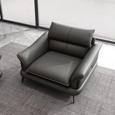 Dark-grey Genuine Leather cushion Arm Chair with Ottoman