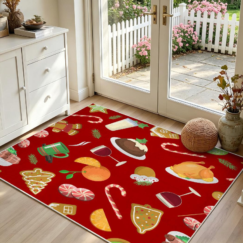 Tapis d'intérieur rouge à motif d'aliments de Noël lavables à la machine, Rectangle 39 po x 63 po