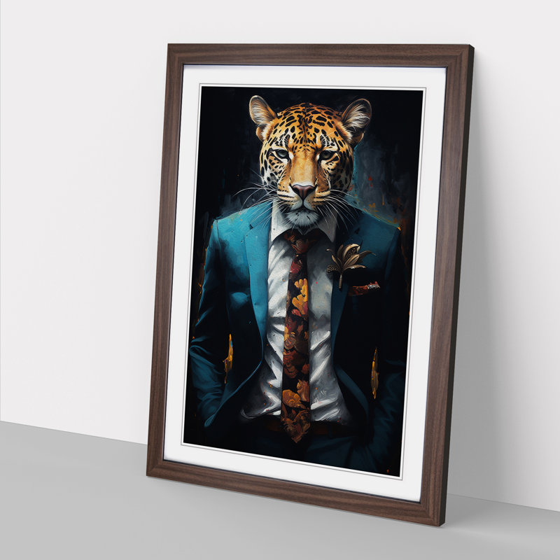 Leopard In A Suit Painting No.4 - Single Picture Frame Print on Wood, 64cm H x 46cm W x 2cm D, Walnut Framed