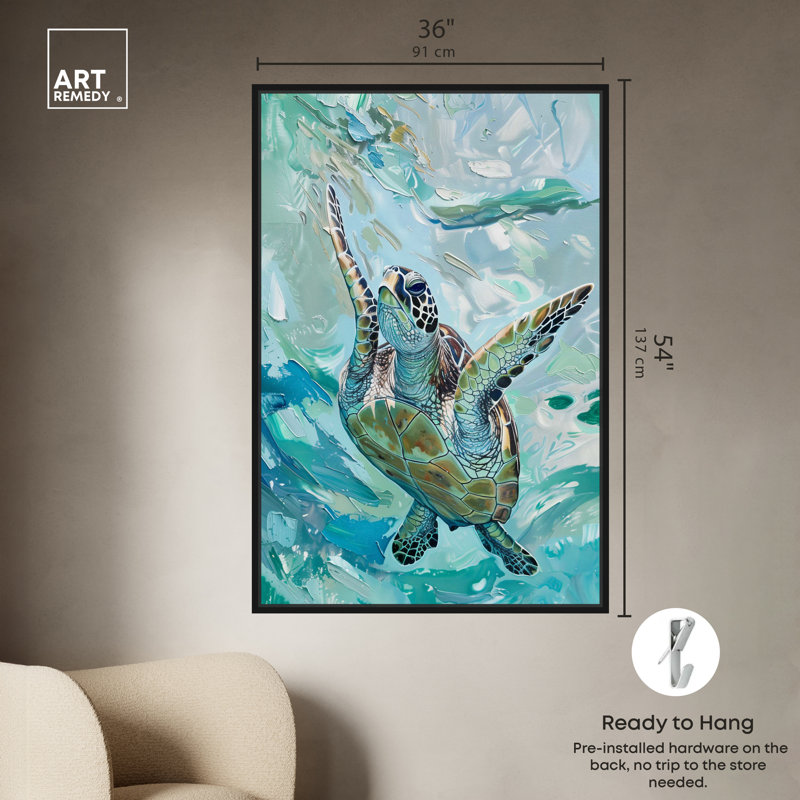Art Remedy Serene Turtle Framed Colorful Coastal 1 Piece Canvas Wall Art 57715, Black Framed, 55" H x 37" W
