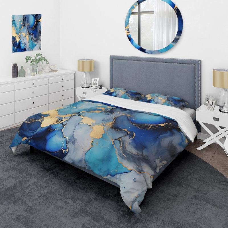 Ensemble de housse de couette en microfibre / polyester bleu et doré, Housse de couette simple + 1 taie décorative stan
