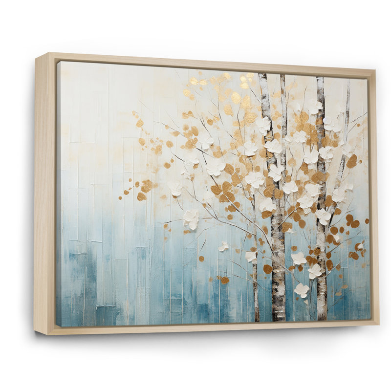 Minimalisme bleu et forêt dorée I - art mural forêt, Cadre naturel flottant, H 24 po x l 32 po x P 1 po