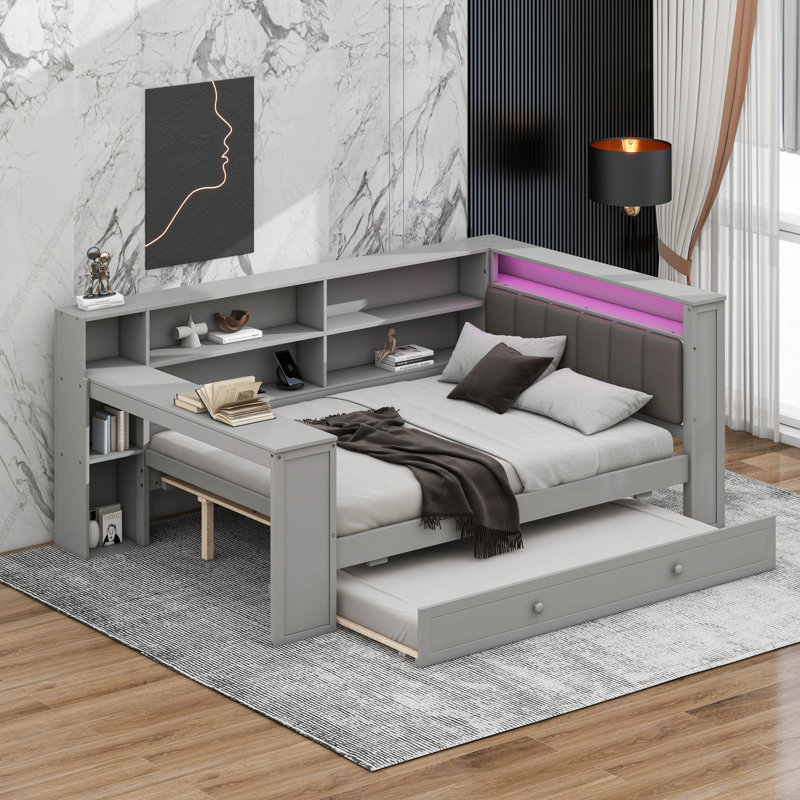 Full Size Platform Bed With Upholstered Headboard, Built-In Desk, 8 Storage Shelves, Pull-Out Trundle, LED Lights, Gray