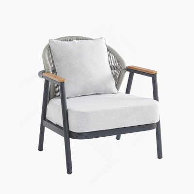 Fauteuil club d'extérieur en corde de patio, structure à finition grise avec coussin gris, ensemble de 1