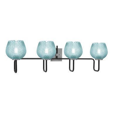 Barre d'éclairage de salle de bain 4 lumières Amarmula, noir mat et finition graphite, verre texturé turquoise 6 po