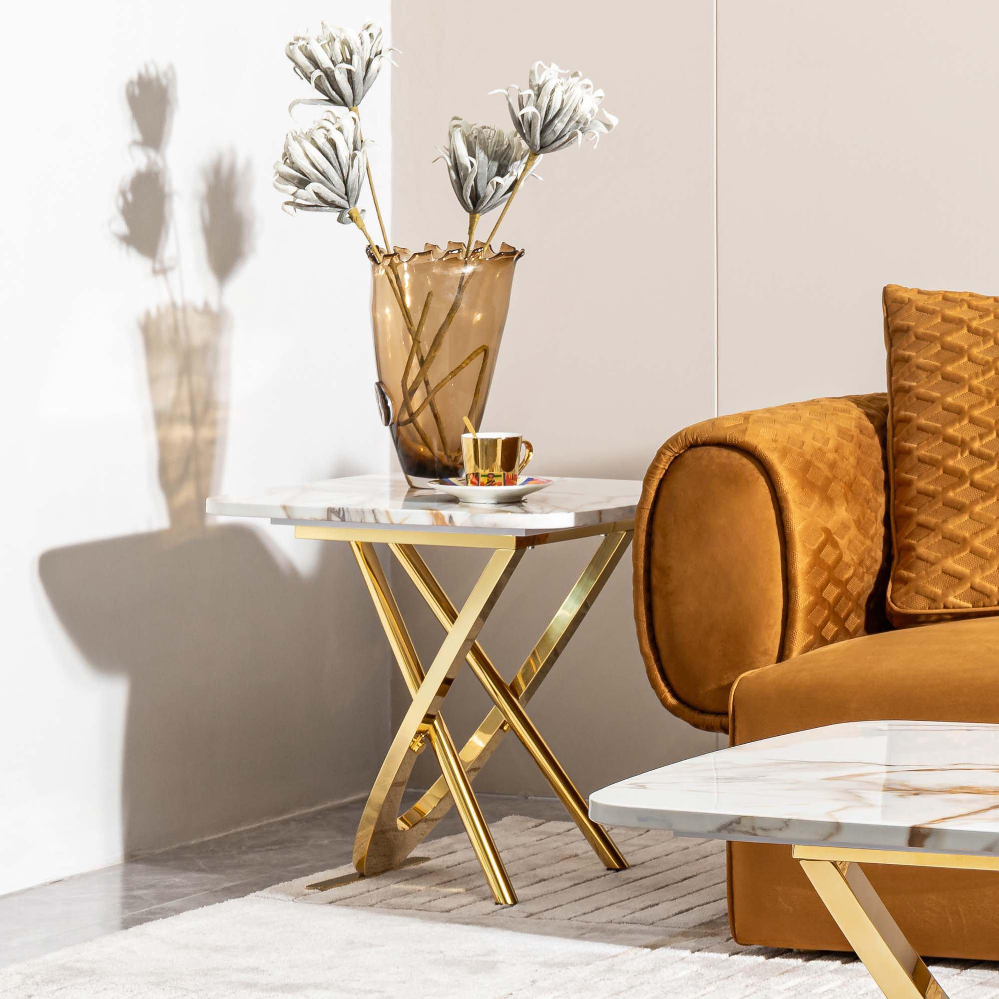 Everly Quinn Marble Pattern MDF Top Side End Table Square Shape Gold ...