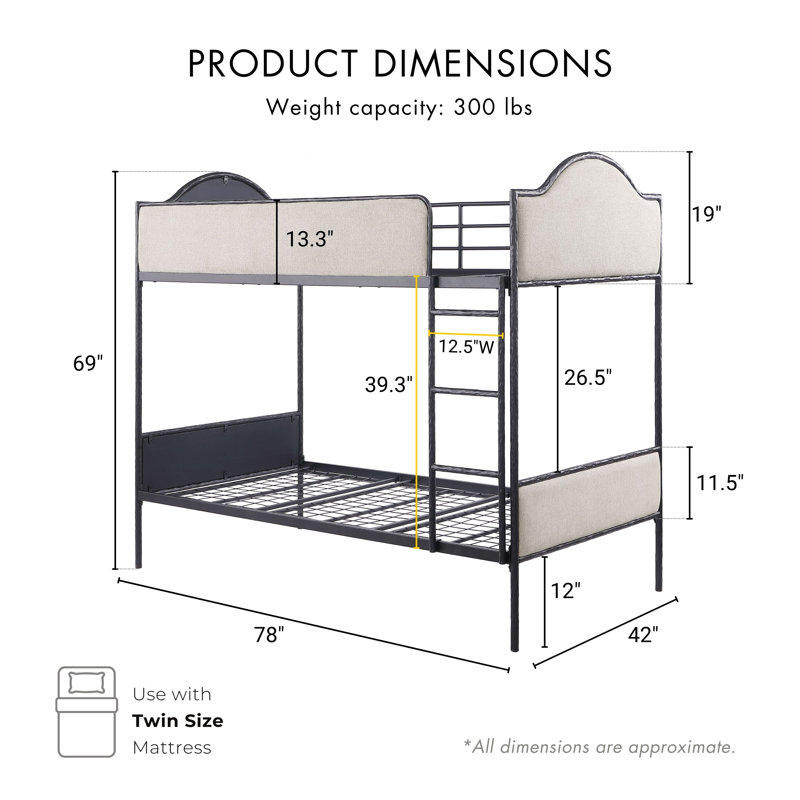 Gammill Forged Steel Upholstered Bunk Bed, Twin Over Twin