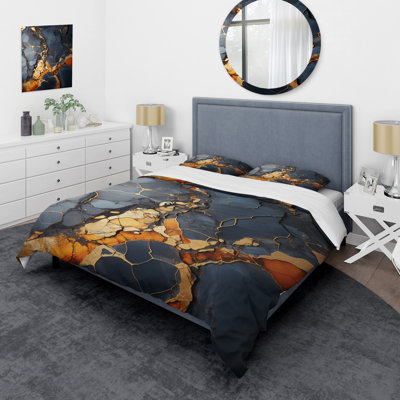 Ensemble de housse de couette à motif abstrait gris et or marbre gris IV