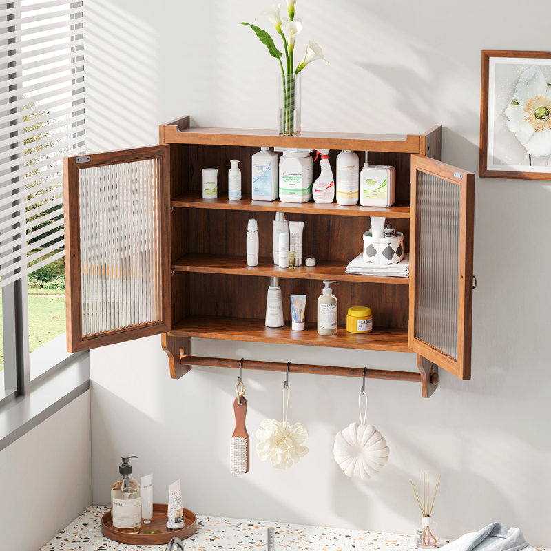 Armoire murale rétro à double porte avec porte-serviettes, Brun