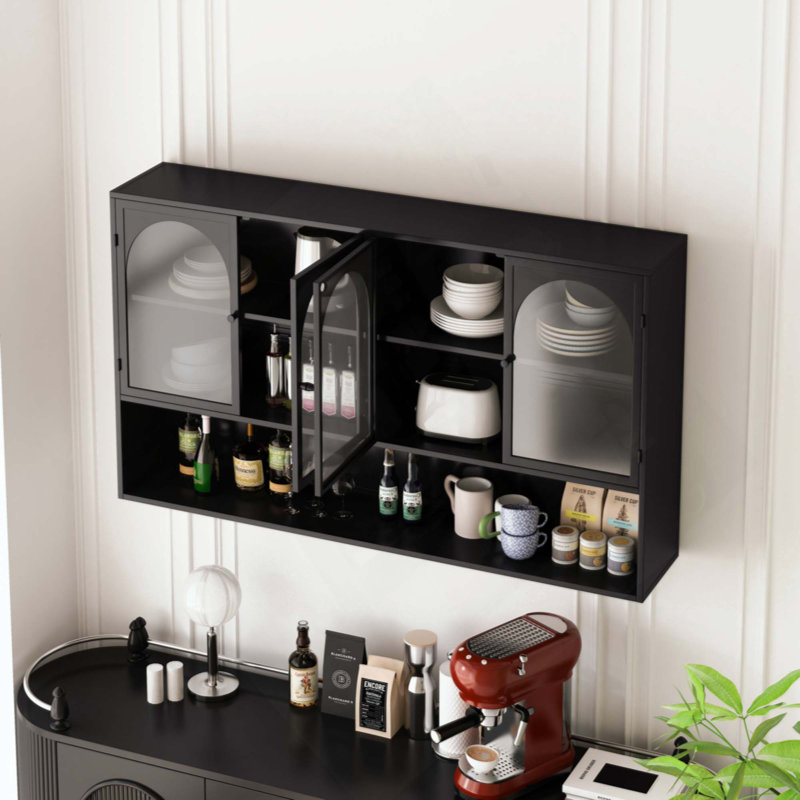 Four-Door Glass Wall Cabinet Storage, Wall-Mounted,Suitable For Kitchen, Living Room, Bathroom, Black