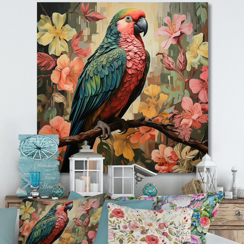 Faucon rose dans un arbre tropical II - art mural perroquet, H 30 po x l 30 po x P 1,5 po, Toile tendue