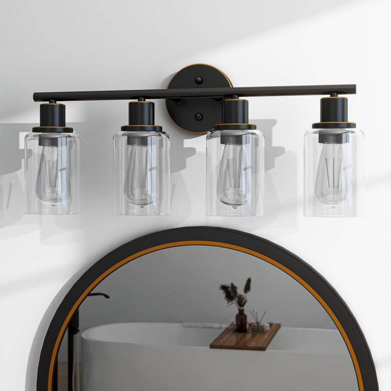 Berumen Bathroom Glass Vanity Light, Clear, 4 Lights, Oil Rubbed Bronze