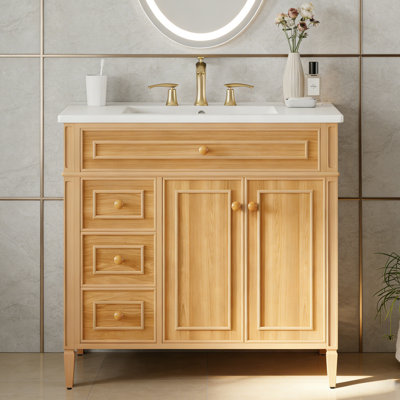 36-inch Bathroom Vanity Cabinet With Ceramic Sink,flip-out Drawer,3 Storage Drawers,2 Soft-close Doors