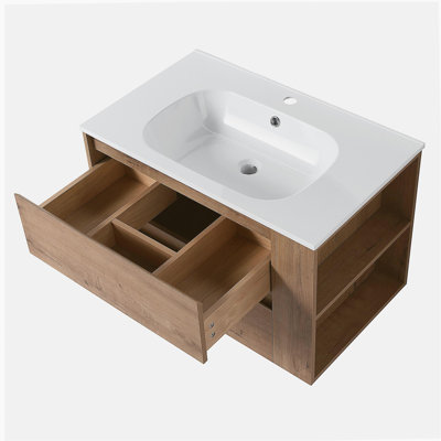 30" Wall Mounting Bathroom Vanity With Gel Sink, Soft Close Drawer