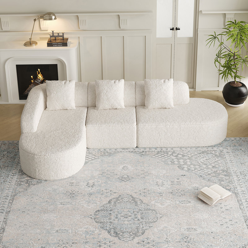 Canapé modulaire incurvé en L de 111,8 pouces: conception moderne avec tissu en polyester à poils longs texturé litchi, dossier incurvé et trois coussins