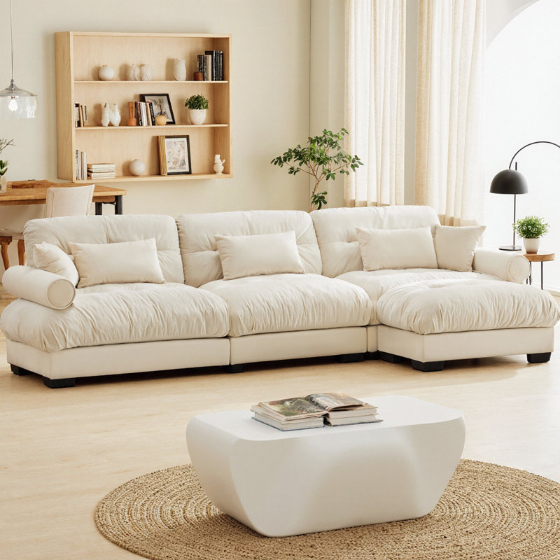Canapé modulaire en L surdimensionné en velours avec repose-pieds mobile Comfort, Cream Velvet
