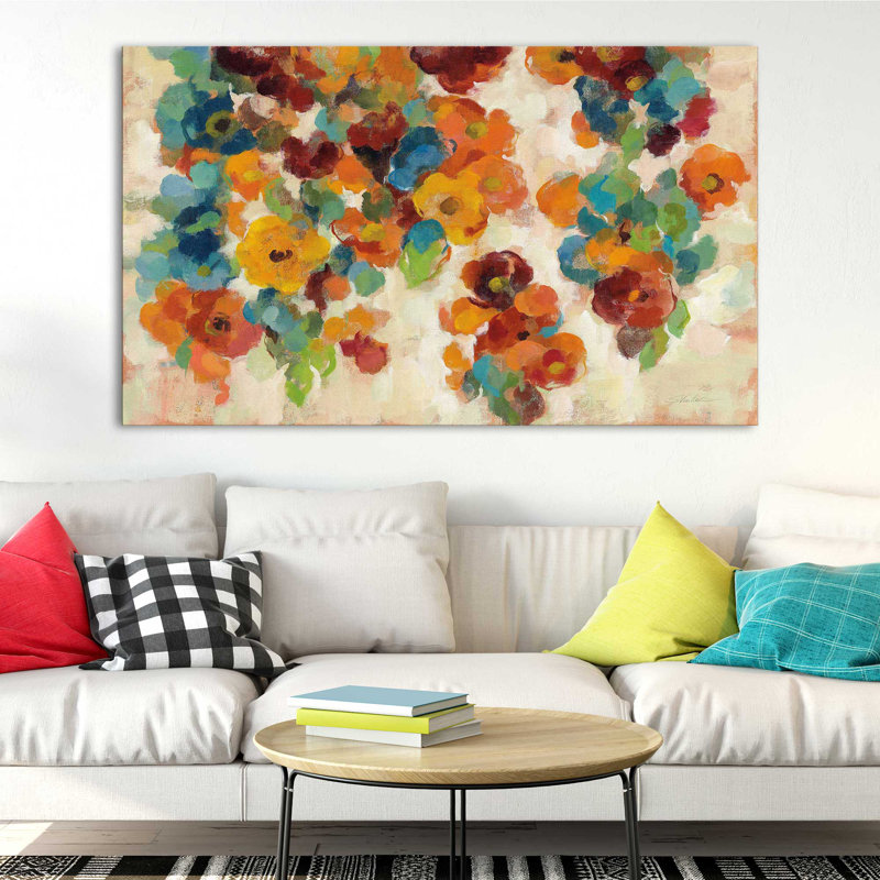 Épice et fleurs turquoise - Peinture, Toile tendue, H 28 po x l 48 po x P 1,5 po