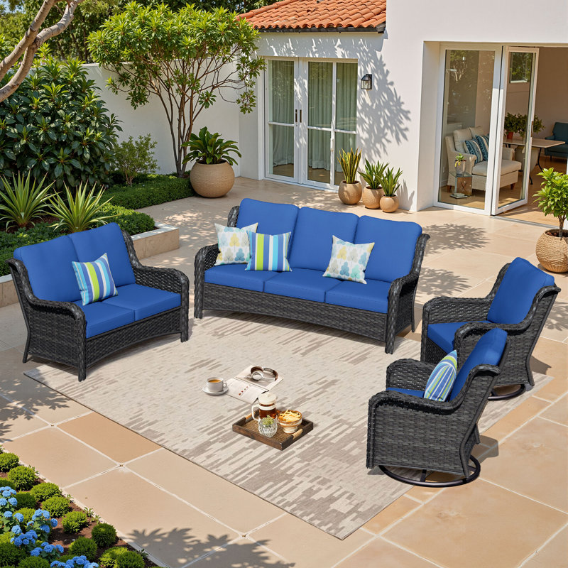 7 - Person Patio Conversation Set with Cushions, Brown, Navy