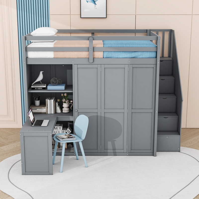 Lit mezzanine double avec bureau intégré, garde-robe et rangement, Gris