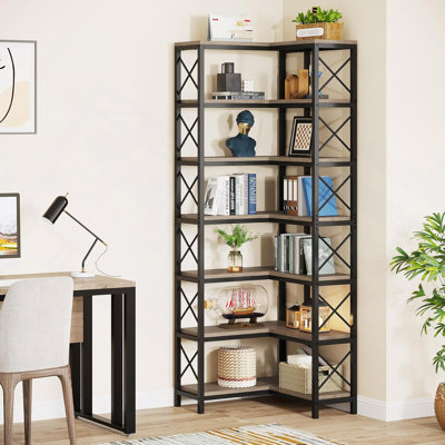 Grande bibliothèque d'angle à 7 niveaux 79,53 "de haut, bibliothèque de rangement en bois et métal pour le bureau à domicile
