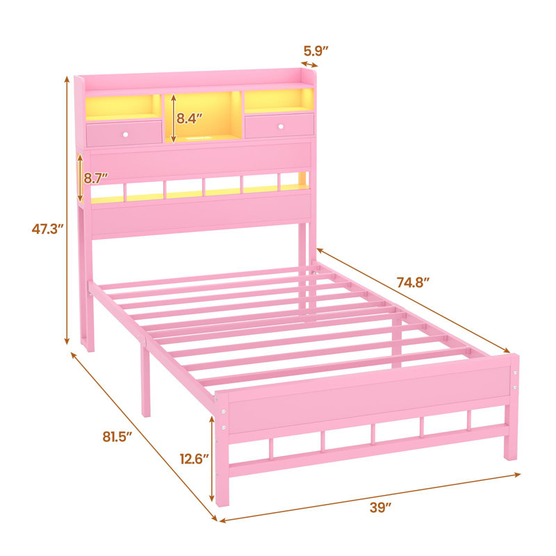 Twin Size Bed Frames With Headboard And 5 Storage Shelves & Under Bed Storage, Platform Bed Frames Twin With Led & Charging Station,no Box Spring Needed