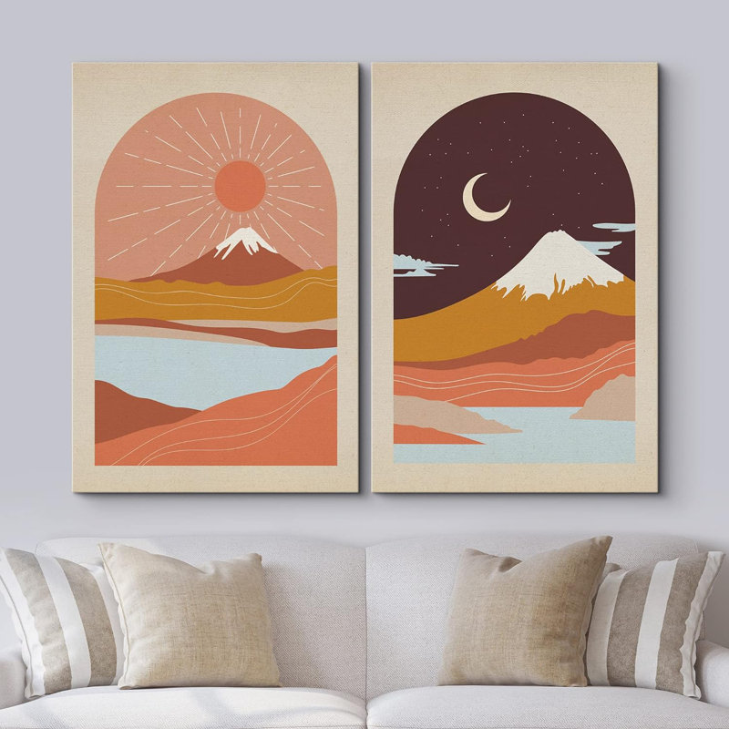 "Western Mountain Sun & Moon Nature Landscape", art moderne sur toile encadrée, 2 pièces, H 36 po x l 48 po x P 1,5 po
