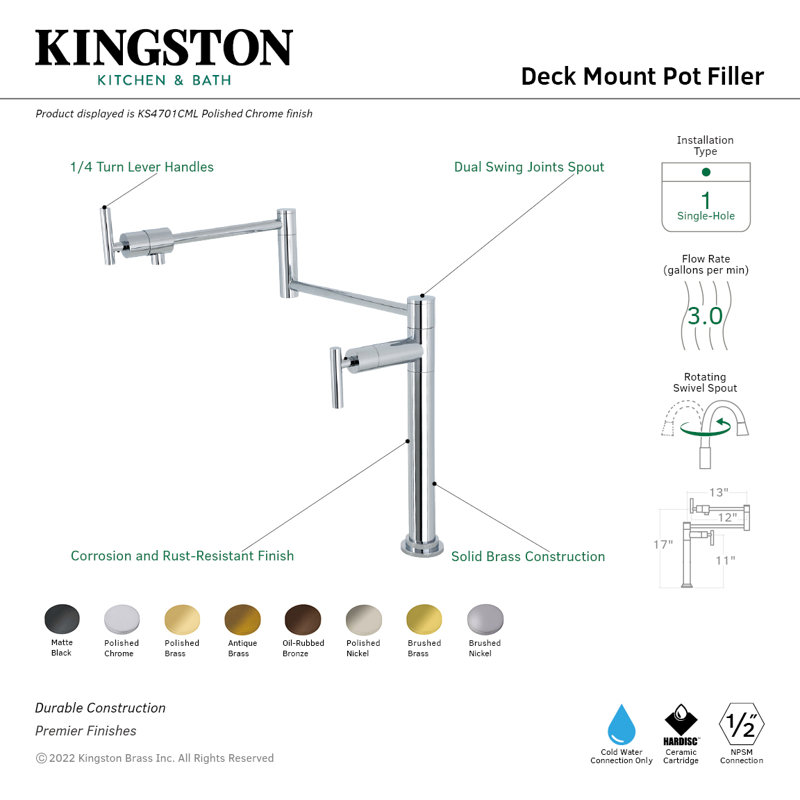 Kingston Brass Concord Two-Handle 1-Hole Deck Mount Pot Filler Faucet, Polished Brass, T-Bar Lever Handle