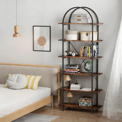 6-Tier Tall Bookcase With Arched Top, Industrial Metal Frame Display Shelf For Living Room, Home Office, And Bedroom Storage by 17 Stories