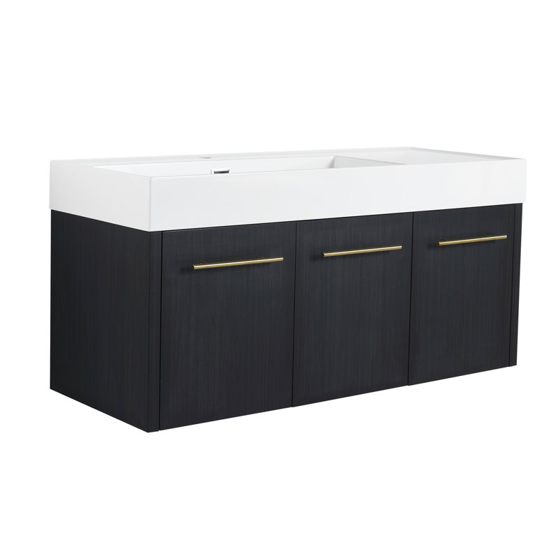 Meuble-lavabo mural 48 po, lavabo en résine épaisse, fini châtaignier noir, charnières de portes, meuble-lavabo mural 48 po, armoire, moderne