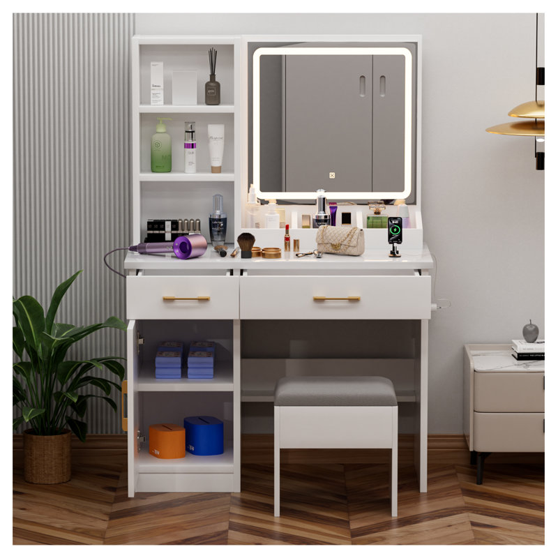 Table de coiffeuse à 3 lumières, prise de courant et rangement