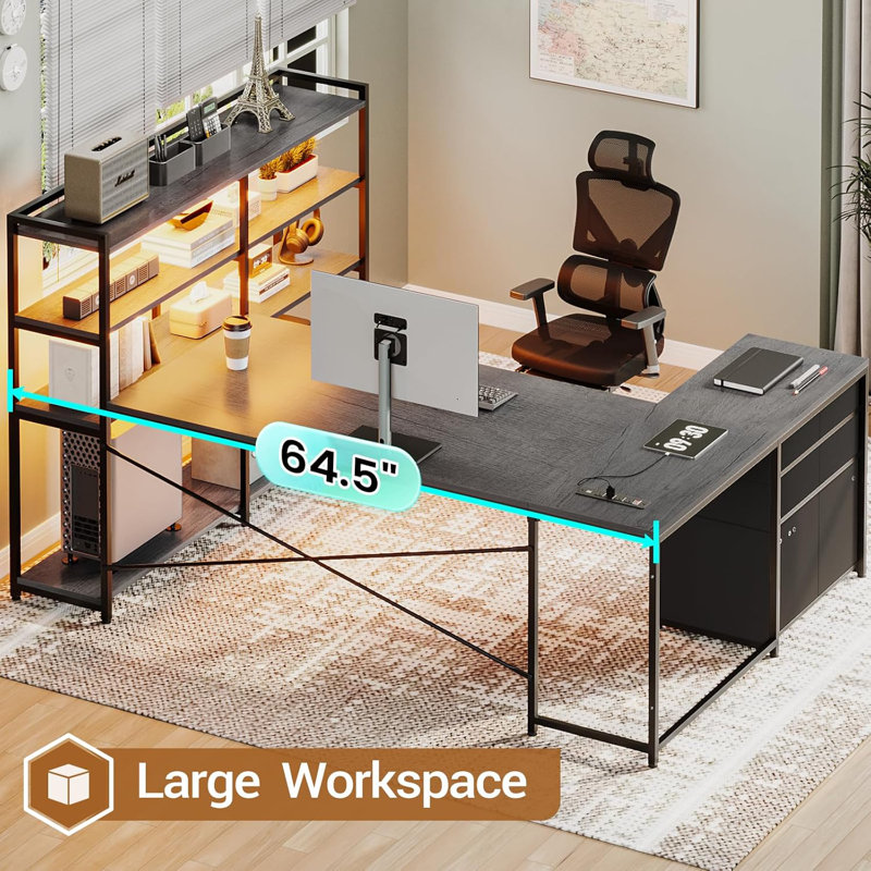 Alnair L-Shaped Computer Desk with Power Outlet, Gray