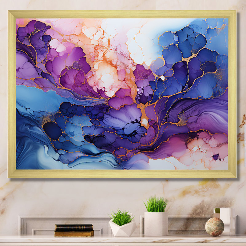 «Rose et bleu Alco», impression sur toile, Cadre doré simple, H 16 po x l 32 po x P 1 po