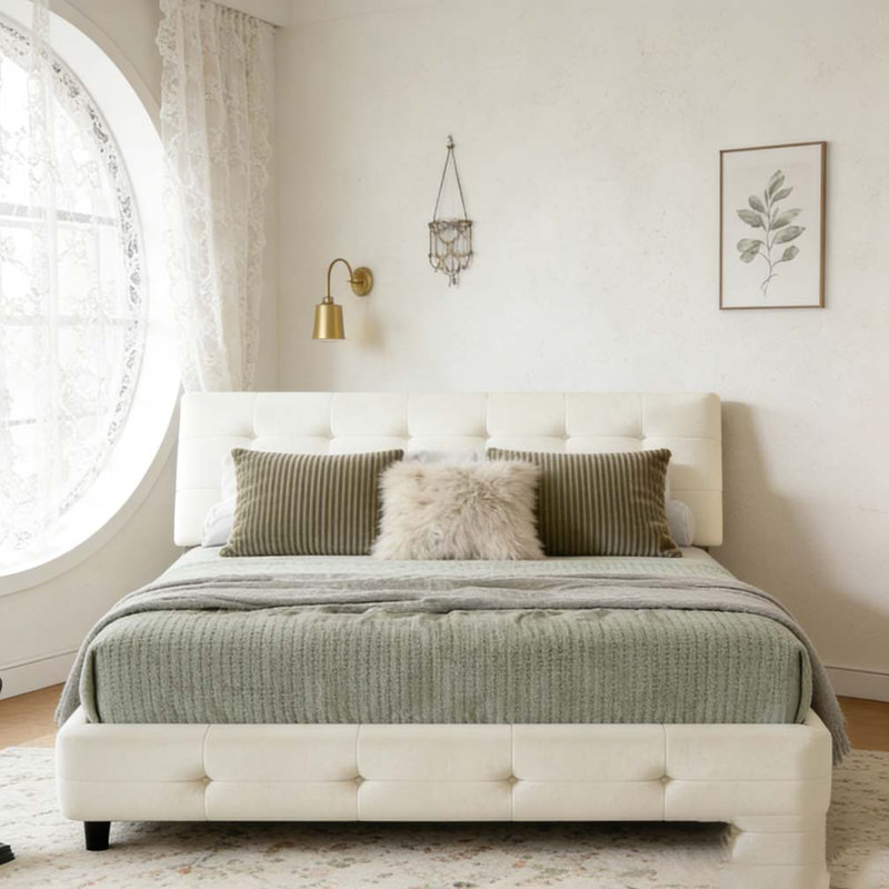 Structure de lit, tête de lit capitonnée avec très grand coussin ultra doux, Beige et blanc, Très grand lit