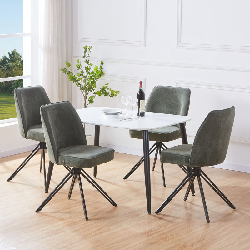 Aspen Rectangular Dining Table with 4 Swivel Upholstered Fabric Chairs - Modern Dining Set, Green, White