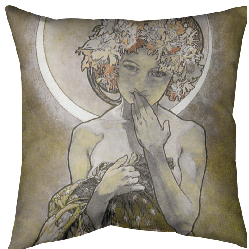 Housse de coussin alphonse mucha moon star, 16 po x 1 po, Jaune, Polyester sergé
