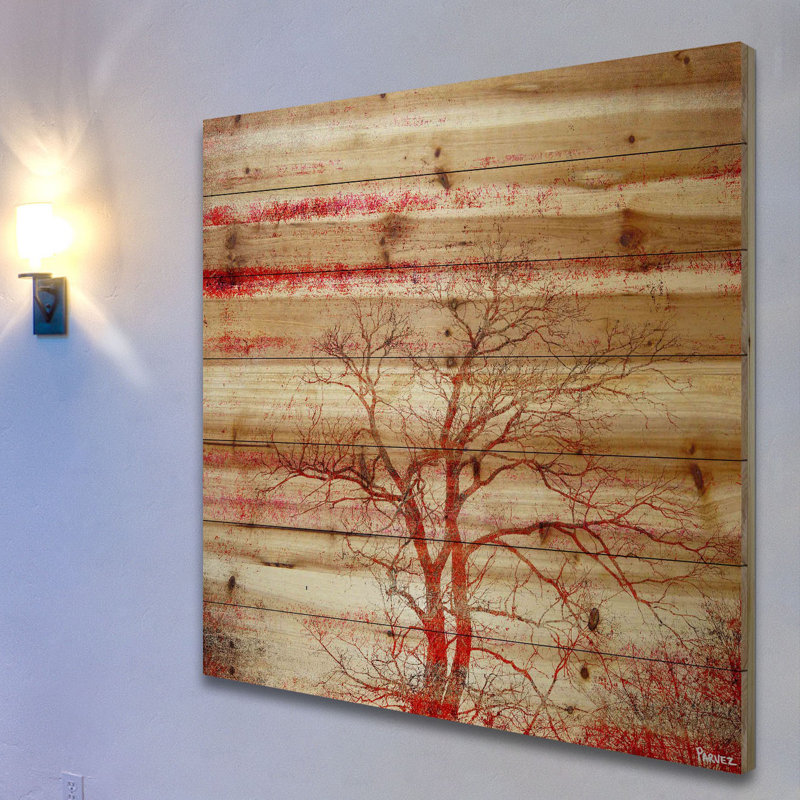 « red branches » par parvez taj,, reproduction d’art sur bois de pin naturel, H 40 po x l 40 po x P 1,5 po
