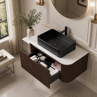 Meuble-lavabo de salle de bain de 91 cm (36 po), armoire de rangement flottante en contreplaqué rayé à bords incurvés avec tiroir, lavabo rectangulaire en céramique et comptoir en pierre frittée, préassemblé