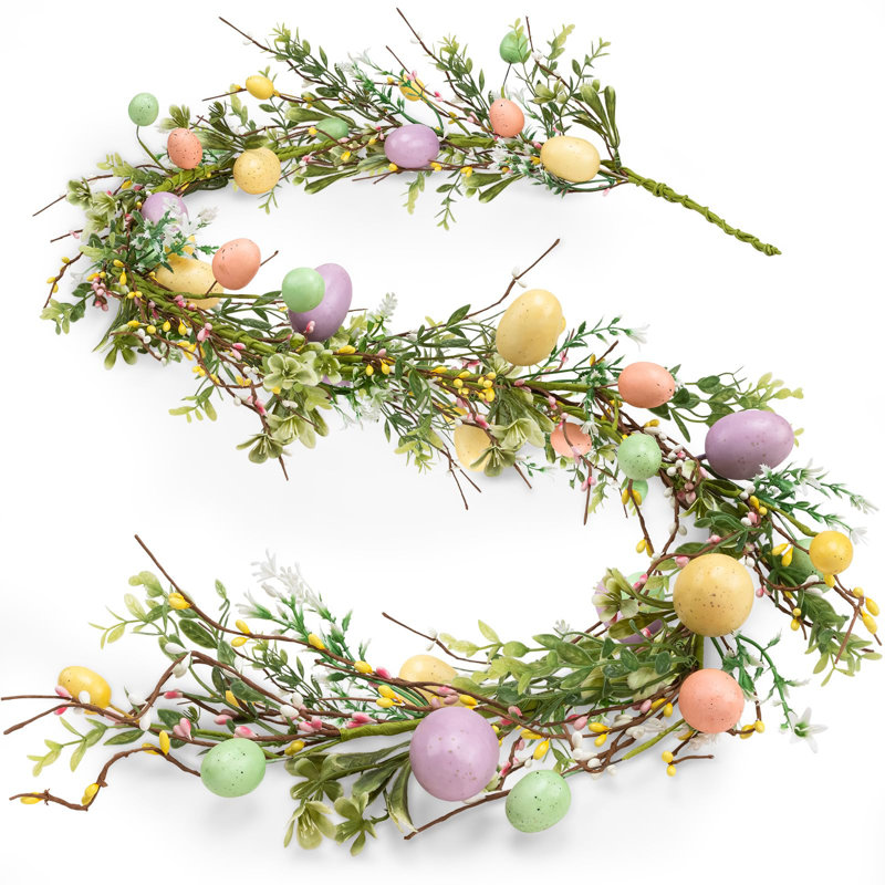 6FT Artificial Easter Egg Garland with 29 Pastel Eggs, Rustic Spring Vine with Flowers and Leaves