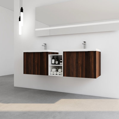 Meuble-lavabo de 60 po pour salle de bain, lavabo inclus, portes à fermeture en douceur, armoire de 12 po, lavabo en résine, poignée en métal, couleur moderne, noyer et fermeture en douceur