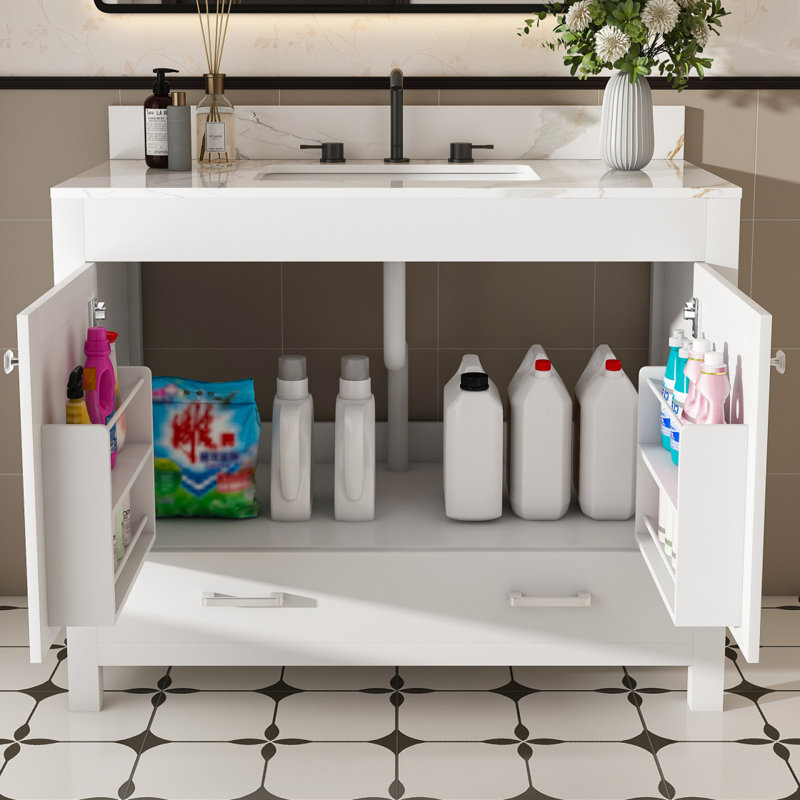 Ensemble de meuble-lavabo moderne de 43 po avec ensemble de couleurs Karalakin en marbre artificiel, armoire de salle de bain multifonctionnelle avec portes et tiroir, cadre solide et panneau de fibres à densité moyenne (trois trous de robinet)