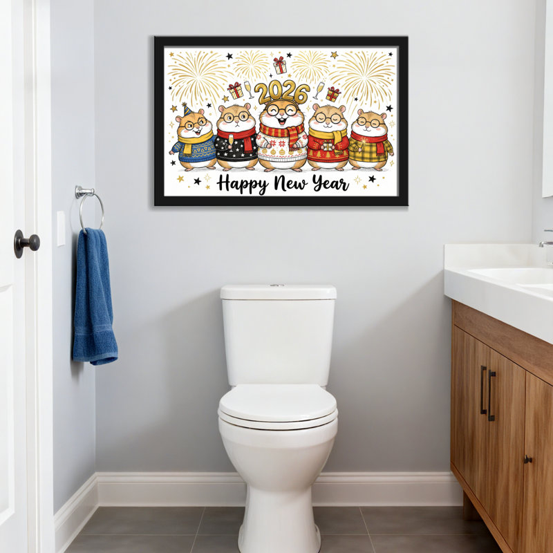 Animaux mignons hamsters fêtent le Nouvel An avec des feux d'artifice, H 12 po x l 18 po, Toile tendue, Ne s’applique pas