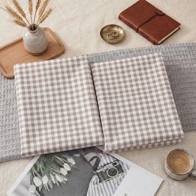 100% Cotton Pillow Cases, King Size, Set of 2, Washed Cotton Taupe Gingham Pillowcases, Soft Breathable Bed Pillow Covers